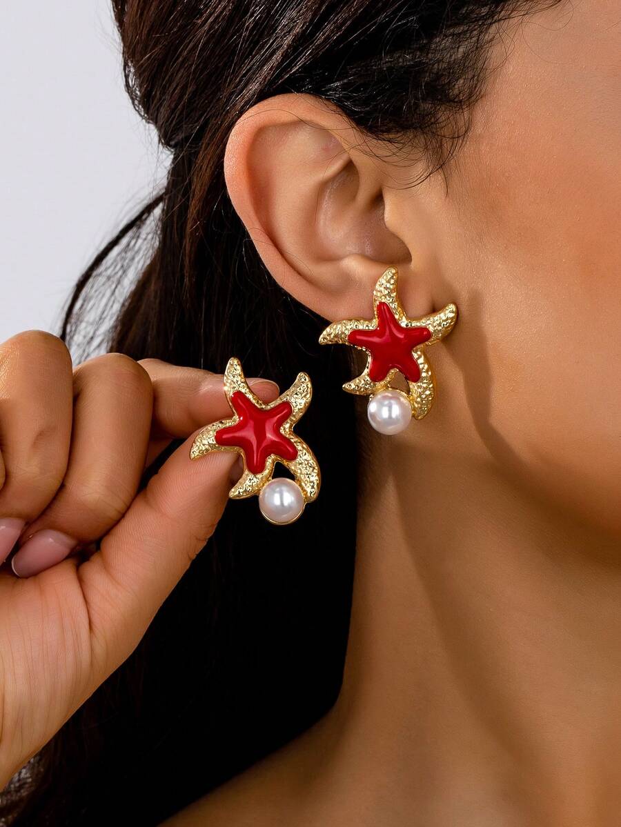 一对几何仿珍珠海星耳钉，适合日常佩戴 - 彩色 - 查看 1
