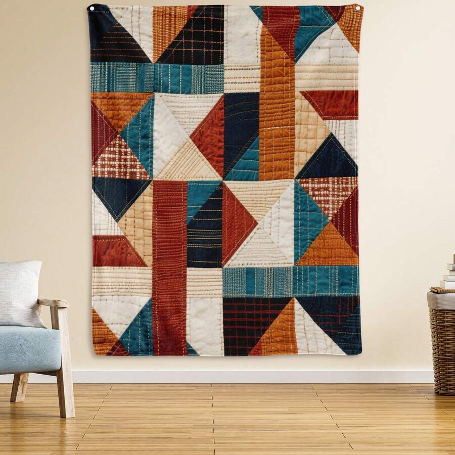 Tapiz de pared con diseño geométrico de collage y textura marrón, y manta suave para decoración moderna del hogar y espacios de vida con atractivo visual artístico - Multicolor - Ver 1