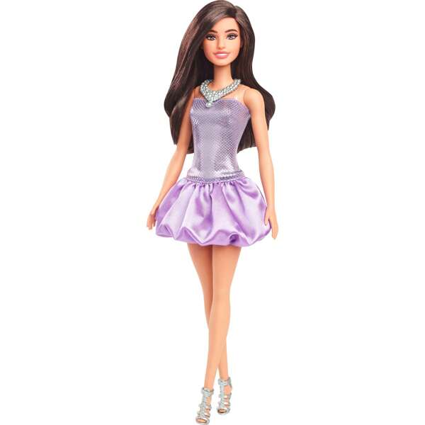 Mattel Barbie Fashionistas Doll With Brown Hair, Wearing Sequined Purple Bubble Dress With Satiny Skirt, Silvery Necklace And Heels