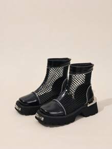 Punk Style Patchwork Hollow-Out Boots Short Boots For Women, Summer Thick Sole Mesh Breathable Metal Buckle Back Zipper Sandals