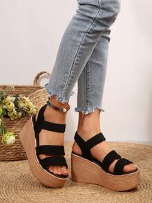 2025春夏新款女士坡跟厚底沙滩度假编织绑带凉鞋，高跟时尚拖鞋 - 黑色 - 查看 3