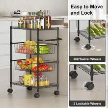 4 Tier Rolling Carts, Metal Wire Utility Cart With Wheels & Handle Bar, 110 Lbs Heavy Duty Kitchen Serving Trolley Food Storage Cart For Restaurant, Kitchen Mobile Shelf Organizer, Black - Black - View 4