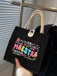 Bolso de mano de lino con estampado de agradecimiento al maestro, monedero de lino negro, bolsa de compras negra con texto "Maestra", regalo de aprecio al maestro, bolso de mujer de lino de gran capacidad. Diseño innovador, bolso de almacenamiento casual portátil de gran capacidad