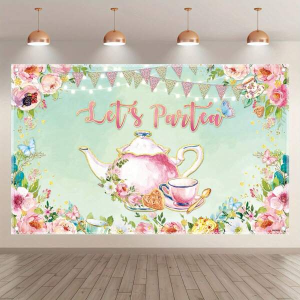 2D Backdrop, Multi-Size, Modern Tea Party Background - 1pc Polyester Photography Wall Hanging With "Let's Have A Tea Party" Banner, Floral And Teapot Design, Grommet Corners For Easy Installation, Suitable For Ladies Birthday And Garden Party