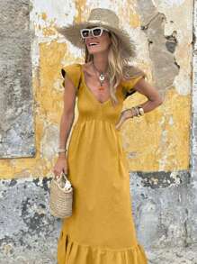 Vestido largo elegante con mangas de vuelo de diseño amplio, de unicolor, cómodo y casual, para vacaciones y días festivos para mujeres