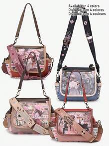 Bolso cruzado de moda para mujer Sweet & Candy, con correas de cinta doble, piel de PU, estampado de mariposa caprichoso y lindo de dibujos animados, diseño único talla grande vendido, ligero, para viaje, escuela, commuter, retro, universidad, elegante, commuter