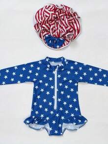 Trajes de baño patrióticos para niñas con estampado de estrellas y rayas, volantes, cremallera, protección contra erupciones y gorro de baño. - Azul - Ver 1