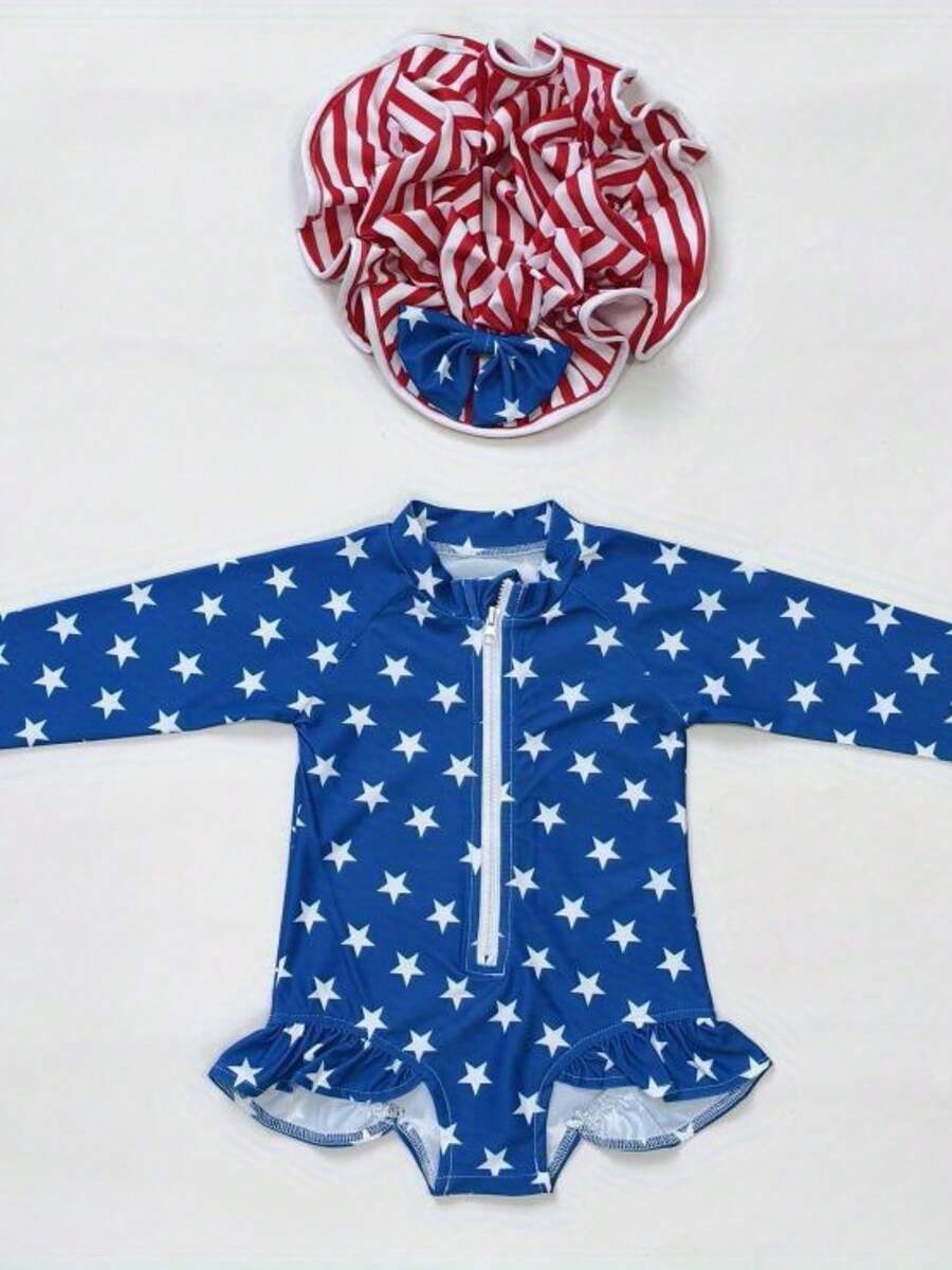 Trajes de baño patrióticos para niñas con estampado de estrellas y rayas, volantes, cremallera, protección contra erupciones y gorro de baño. - Azul - Ver 1