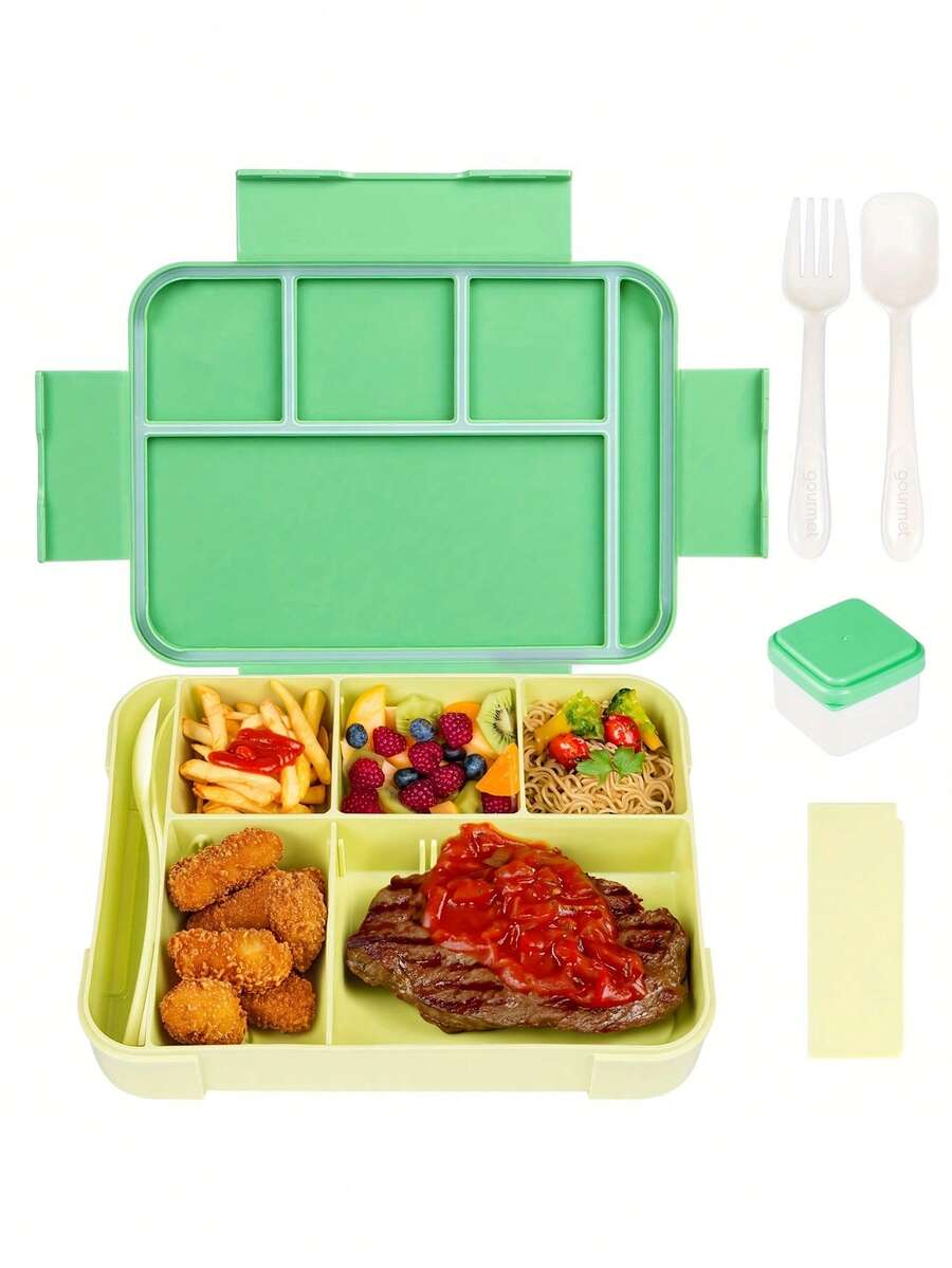 1pc Divided Sealed Fruit Box Salad Box, Office Worker, Work Microwave Oven Heating Bento Box, With Tableware Lunch Box, Suitable For Work And Travel Christmas Gift - Green - View 1