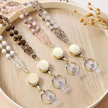 1pc Natural Stone Beads Retractable Badge Reel Lanyard Id Card Holders Necklaces Chain Keychain Clip For Women Men Employee Wholesal - Multicolor - View 7