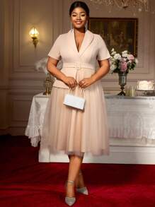 Khaki Turn-Down Collar Short Sleeve Peplum Patchwork Mesh A-Line Dress Business Party