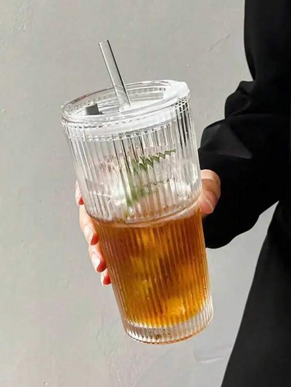 1pc 20.29oz Large Striped Glass Cup With Lid - Insulated, Reusable, Suitable For Cold Drinks, Juices And Coffee - Ideal For Home, Office And Holiday Gatherings
