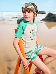 Balabala Boys' 2 Pieces Swimsuit, Chlorine-Resistant & UV Protection - Green Tone - View 3
