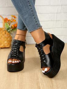 女士高跟露趾凉鞋，休闲舒适罗马风格厚底沙滩凉鞋，夏季时尚坡跟凉鞋