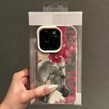 1pc TPU Material Elegant White Horse & Flower Pattern Phone Case Compatible With IPhone - White - View 3