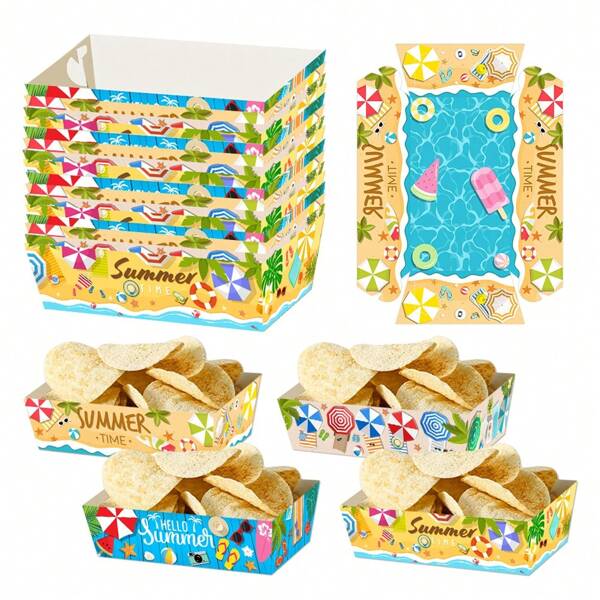 4/8 piezas Caja de comida temática de playa y piscina de verano para palomitas, bocadillos y chips, caja de comida de papel para decoración de fiesta