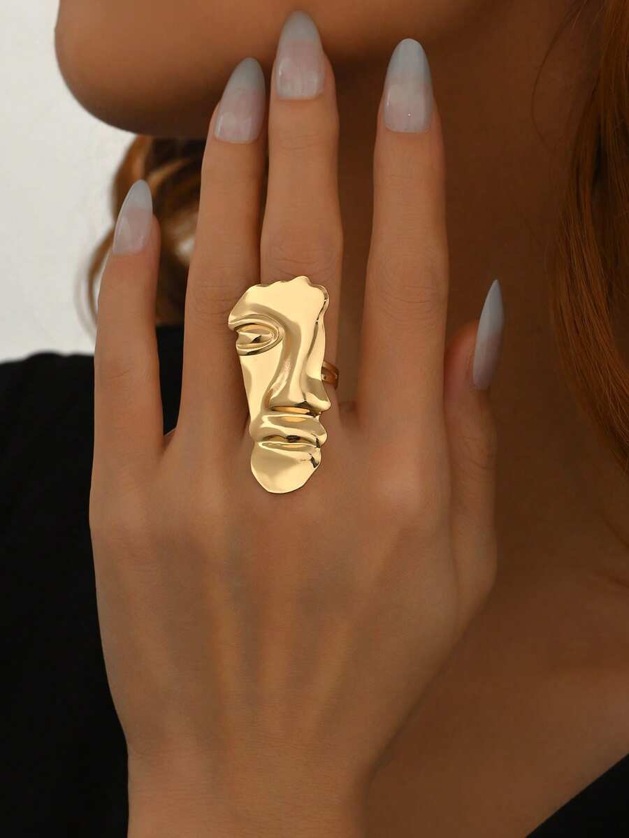 1pc Retro Avant-Garde Face Shaped Unique Design Ring, Fashionable Accessory For Daily Wear - Gold - View 1
