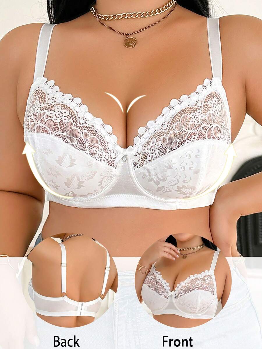Plus Size Women Lace Patchwork Sexy Embroidery Design Soft Comfortable Underwire Bra - White - View 1