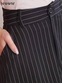 WUUW Long Skirt Tailored With Fashion Elegance, Comfortable Long Women's Skirt Design With Buttons And Woven Stripes, Long A-Line Striped Cut Dress - màu đen - Xem 7