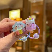 2 piezas Accesorio para el cabello de niña con cuerno de unicornio de dibujos animados lindos. Diadema elástica con accesorio de unicornio de resina colorida, arcoíris y helado