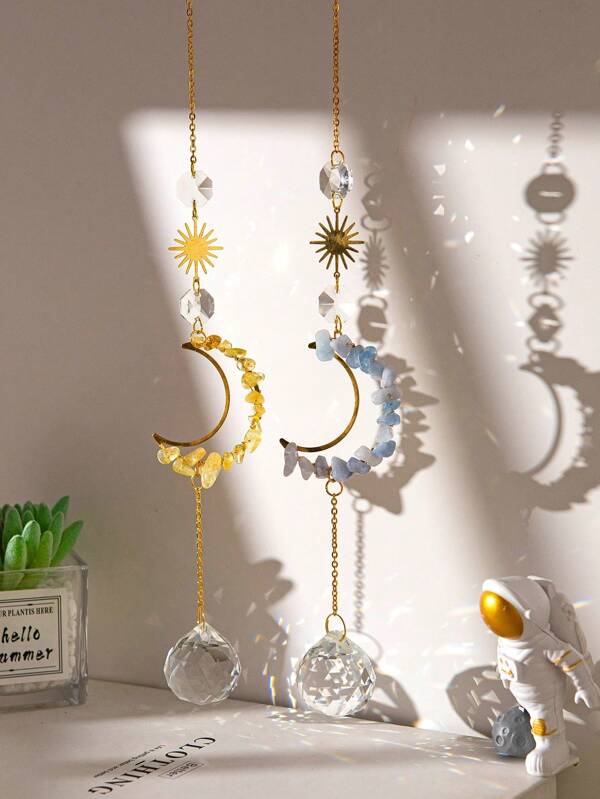 1 Pc Crystal Sun Catcher With Crescent - Solar Pattern, Amethyst Accents And Prismatic Crystal Details, Constructed From Metal And Crystal, Perfect For Outdoor Garden Decoration, Summer Decoration