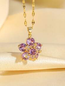 1pc Cubic Zirconia Decorated Flower Pendant Necklace - Gold - View 11