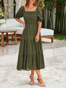 Women's Summer Casual Mid-Length Dress Square Collar Puffed Sleeve Ruffles A-Line Flower Elegant Bohemian Style Dress - xanh quân đội - Xem 5