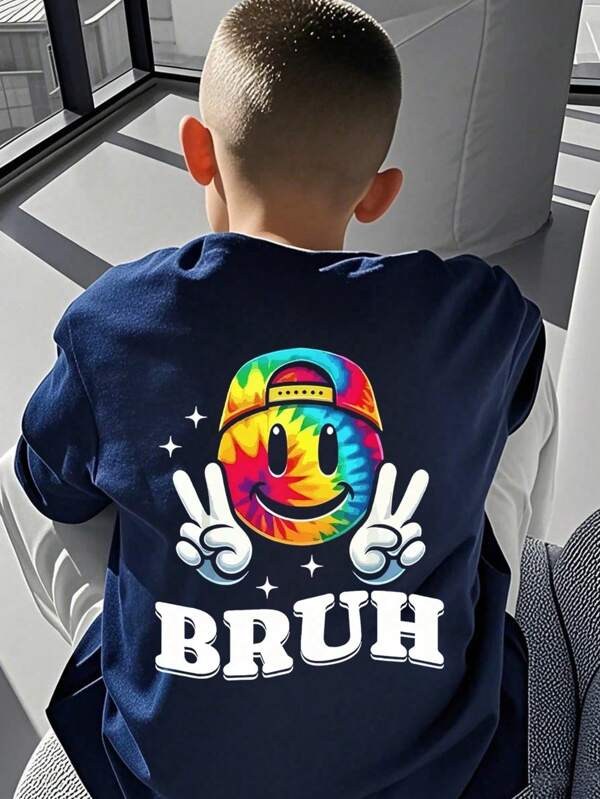 1 stuk Tween Boy "Bruh" bedrukt marineblauw T-shirt met korte mouwen, kleding voor jonge studenten, geschikt voor tween jongens in de zomer