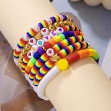 Multipack Rainbow Color Clay Bracelet, Rainbow Flag, Bisexual Pride Bracelet, Various Acrylic Beads And Elastic Bracelet Set