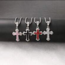 1pc Fully Rhinestone-Encrusted Cross Pendant Necklace, New Cubic Zirconia Hiphop Style Personalized Sweater Chain - Pink - View 10