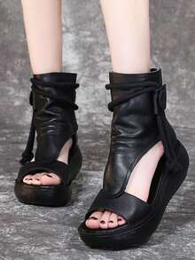 Color sólido casual sandalias de tiras, suela gruesa estilo retro sandalias de las mujeres, la primavera y el verano de viaje botas de tobillo, adecuado para viajes casuales, compras, fiesta y desgaste diario. - Negro - Ver 6