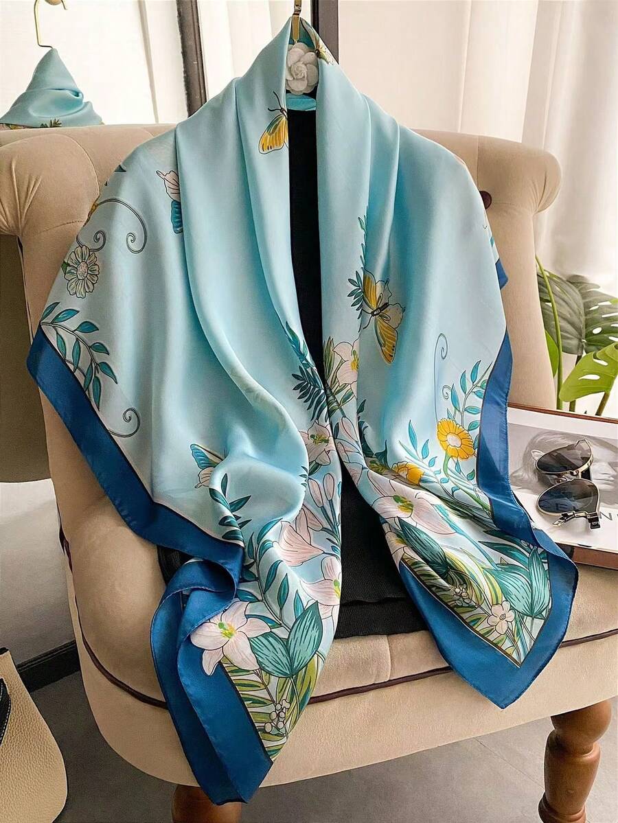 1 Khăn choàng cổ cỡ lớn in họa tiết hạt điều trơn chất liệu satin cho nữ, thích hợp để đi du lịch, nghỉ lễ và mặc hàng ngày - Màu xanh lam - Xem 1