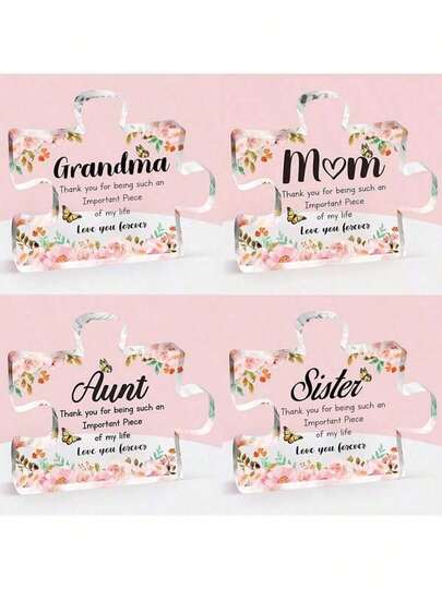 Best Gift For Grandma, Mom, Aunt And Sister - Puzzle-Shaped Acrylic Decor, Elegant Pink Flower And Butterfly Design, Conveys Love, Simple Home Decor, Thoughtful Gift For Desk Or Bookshelf, Perfect For Birthday, Thanksgiving, Mother's Day