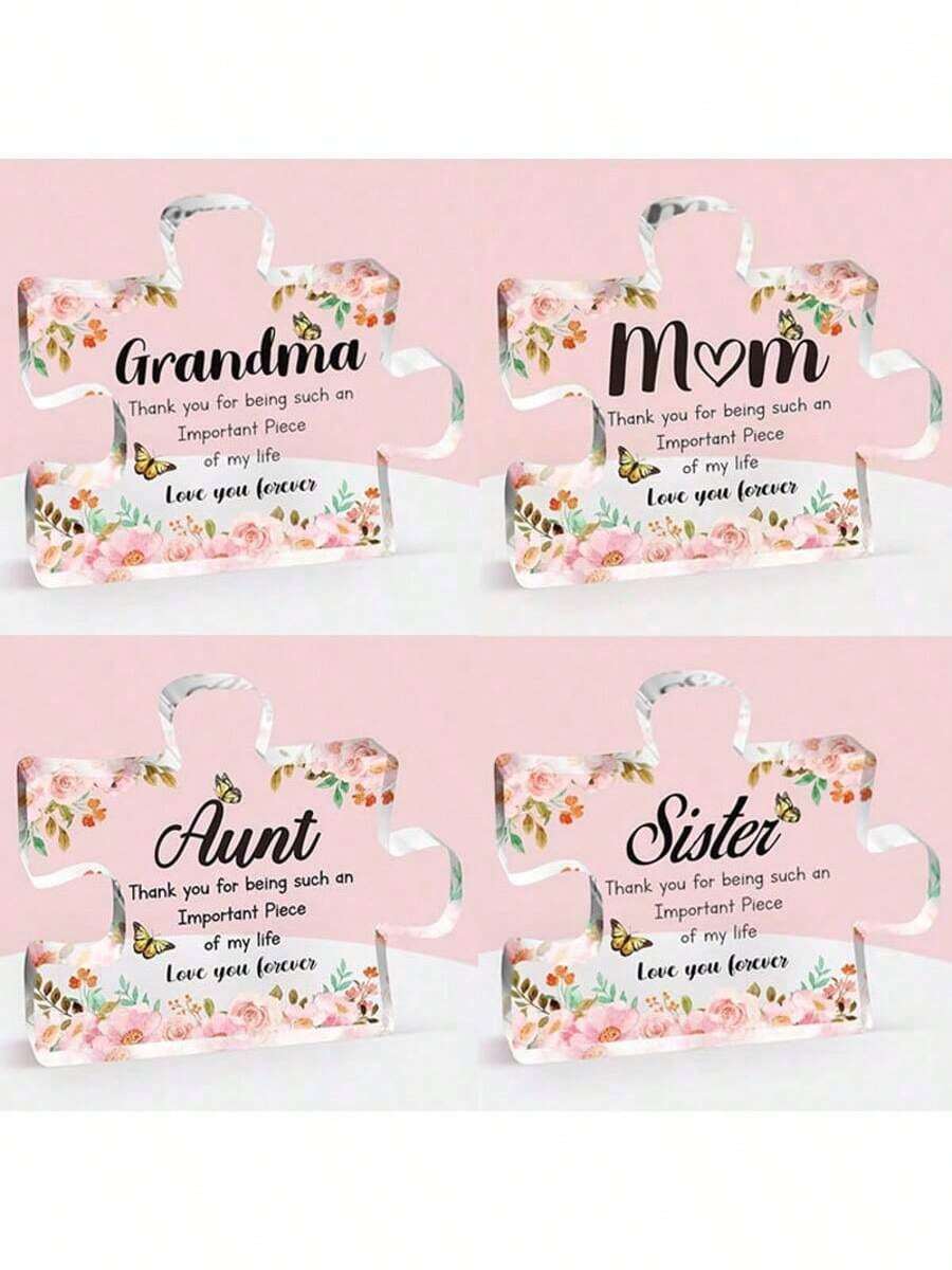 Best Gift For Grandma, Mom, Aunt And Sister - Puzzle-Shaped Acrylic Decor, Elegant Pink Flower And Butterfly Design, Conveys Love, Simple Home Decor, Thoughtful Gift For Desk Or Bookshelf, Perfect For Birthday, Thanksgiving, Mother's Day - Pink - View 1