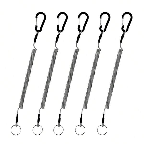 5 Stück Stahlseil Teleskop Feder - Einziehbare Sicherheits-Spiralseilzüge mit Aluminium-Legierungs-Karabinerhaken, vielseitig einsetzbar für Outdoor, Angeln, Camping, Jagd, Kajak und Wandern, etc.