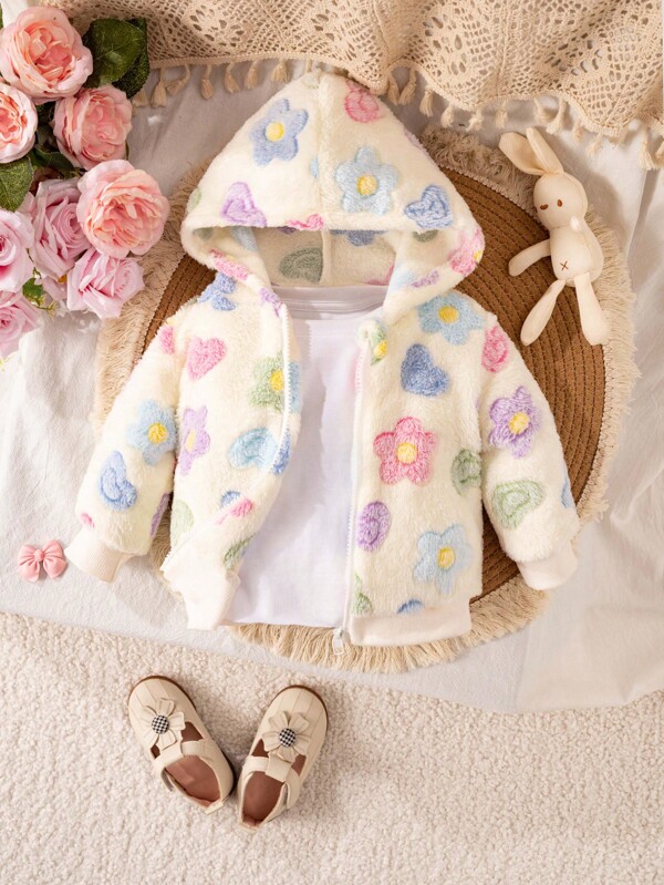 Chaqueta casual de manga larga con corazones y flores de polar, cálida, para exterior, apta para niñas bebés en otoño/invierno