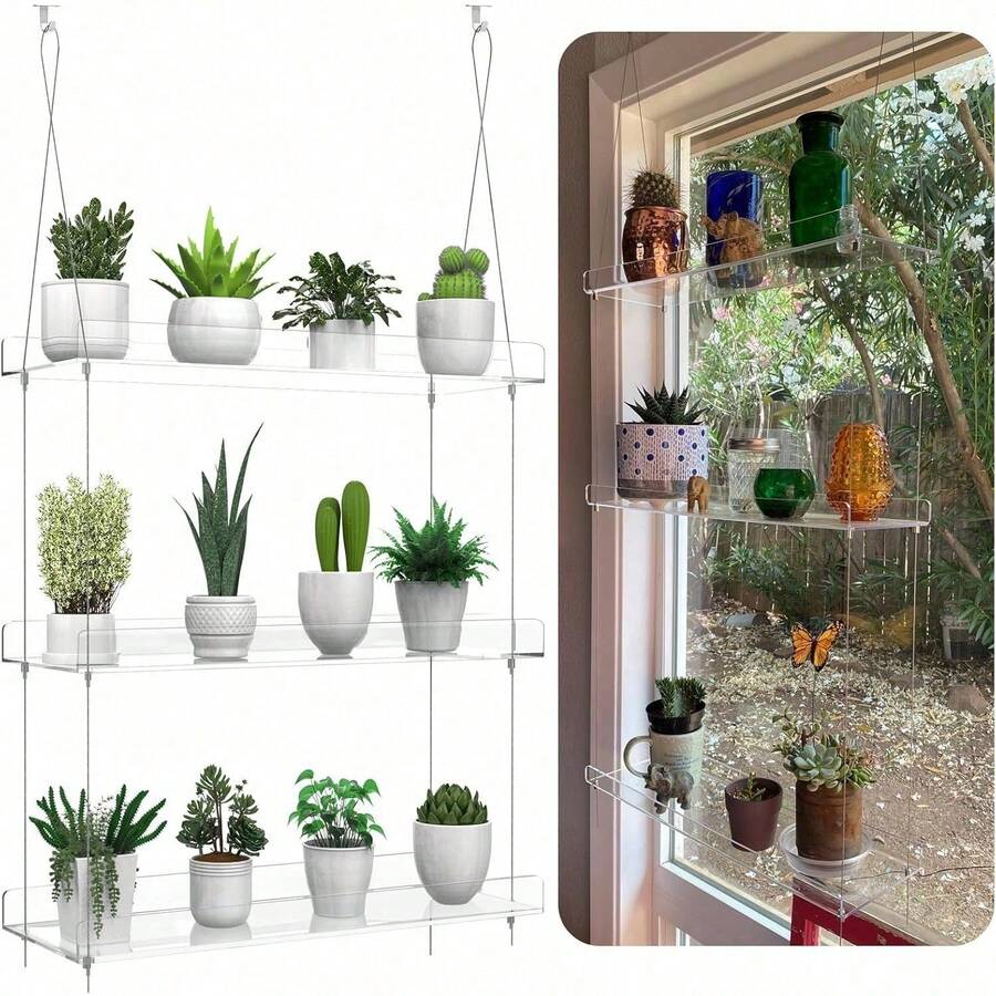 3-Tier Hanging Clear Plant Shelves For Windows, Acrylic Window Wall Plant Stand Shelf For Kitchen Indoor Gardens, Flower, Succulents, Herb, Seedling Organization, And Pots Display, 16 Inch Per Tier - 3 Tier - View 1