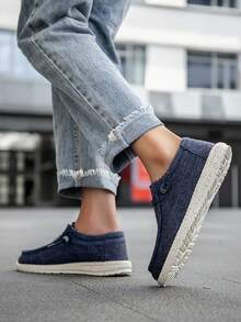 男士蓝色条纹休闲一脚蹬帆布乐福鞋，简约设计舒适系带鞋，适合日常通勤户外穿着，情侣款，四季皆宜 - 藍色 - 查看 6