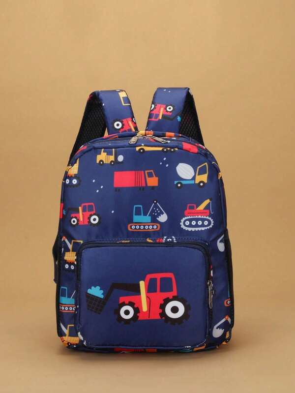 1pc Nylon Zipper Closure Fashion Cartoon Backpack, Unique Design With Adjustable Shoulder Straps, Cute Excavator Printed Pattern, Perfect Gift For Teenagers