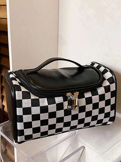 1PC Retro Checkerboard Washing Storage Bag Highly Attractive Portable Cosmetic Bag Storage Handbag Plaid Storage Bag Large Capacity Multifunctional Business Travel Bag Washing Bagtravel Essentials For Vacation Summer Holiday Back To School School Stuff Bag For School Travel Bag For Women Makeup Bag For Travel