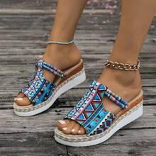 Women's Canvas Graffiti Platform Slip-On Sandals - Woven Details, Suitable For Beach Outings,Wedge Sandals,Summer Shoes - Multicolor - View 7