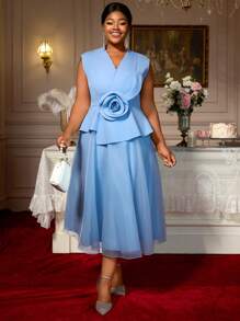 Plus Size Women Sleeveless Blazer Dress V Neck Asymmetrical Ruffle With Big Flower A-Line Swing Dresses