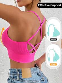 1 pièce Soutien-gorge sans dos à bretelles croisées, haute élasticité sans armature pour tous les jours. Soutien-gorge de sport sans couture à maintien moyen, dos nageur, respirant et confortable