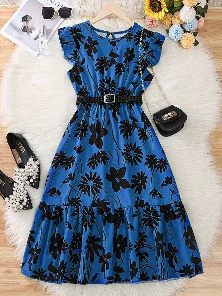 [Woven Texture] Distinctive Green Floral Mid-Length Dress With Belt For Teenage Girls - Casual Round Neck, Ruffle Sleeves, Polyester Fabric, Machine Washable - Perfect For Summer, Teenage Jumper Dress - Blue - View 1