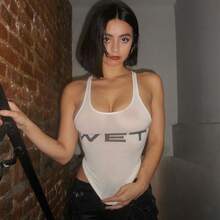 Women's Racerback Tank Tops Sleeveless Crew Neck Letter Print Slim Fit Crop Tops Casual Shirts - trắng - Xem 1