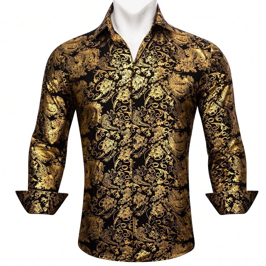 Mens Shirt Long Sleeve Paisley Floral Regular Fit Button Shirts Wedding Casual Formal Tops - 金色 - 查看 1