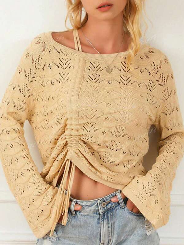 Dames Casual Hollow Out Trekkoord Ronde Hals Lange Mouw Gebreide Trui