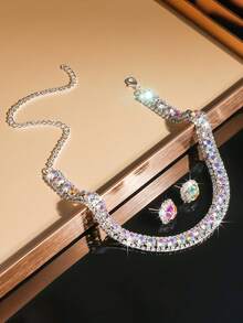 1pc Luxurious Adjustable Fully Rhinestoned Necklace For Women + 1 Pair Minimalist Modern High-End Colorful Rhinestone Earrings, Perfect For Balls, Banquets, Dates, Parties, Weddings, And Daily Wear, 3-Piece Elegant And Fashionable Jewelry Set For Ladies - ABsilver - View 3