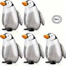 5pcs Cute Penguin Walking Helium Balloons With Ribbons, Suitable For Pet Party, Theme Party, Birthday Party, Outdoor Decoration, Zoo Events
