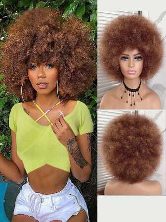 Short Hair Afro Kinky Curly Wigs With Bangs For African Synthetic Ombre Cosplay Natural Blonde Red Blue Wig